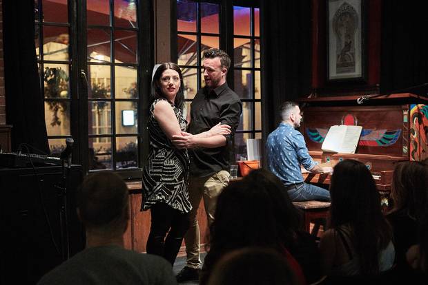Soprano Beth Hagerman, baritone Alan MacDonald and pianist David Eliakis perform in a Toronto pub presentation by Against the Grain Theatre, the Canadian Opera Company’s ‘company-in-residence.’