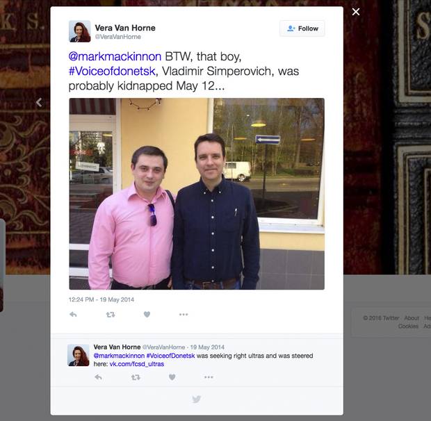 An alarming Twitter post, accompanied by the photo of Vladimir, left, and Mark MacKinnon taken when they first met.