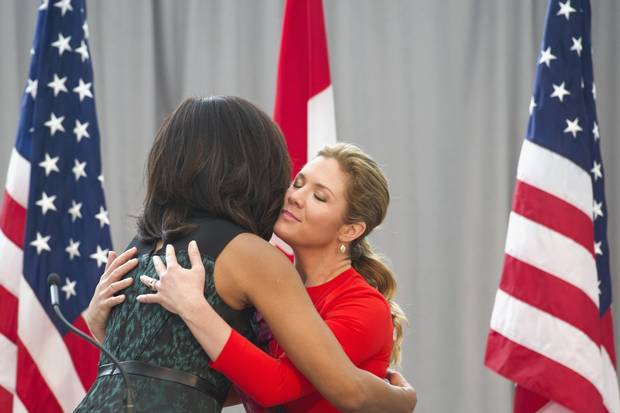 At an event in Washington in March to raise awareness for girls’ education, Ms. Grégoire Trudeau embraces Michelle Obama, who described her as ‘my soulmate.’