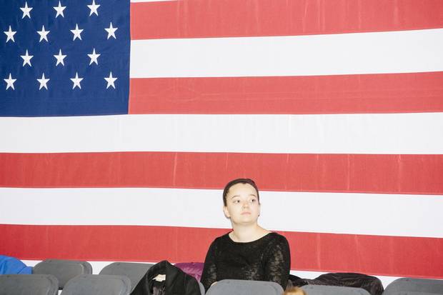 People gather in the audience before Ms. Clinton’s Hooksett speech.