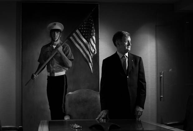 Terry Salman, a former U.S. marine, in the Salman Partners boardroom. When Mr. Salman started his own firm, he purchased the painting – by Attila Richard Lukacs – which once hung in the foyer at Nesbitt Thomson, where Mr. Salman had worked for 21 years. It has been in the Salman Partners’ boardroom for more than two decades.