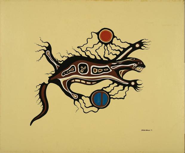 The Anishinaabeg: Art &Power Exhibition at the Royal Ontario Museum includes works as Jackson Beardy’s Fisher with a Broken Tail, 1972.