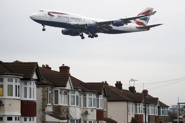 A plane approaches for landing at Heathrow Airport in London on Oct. 25, 2016.