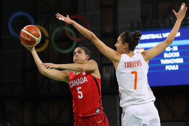 Kia Nurse of Canada puts up a shot in front of Alba Torrens of Spain during the Womens Preliminary Round on Day 9 of the 2016 Rio Olympics on August 14, 2016 in Rio de Janeiro, Brazil.