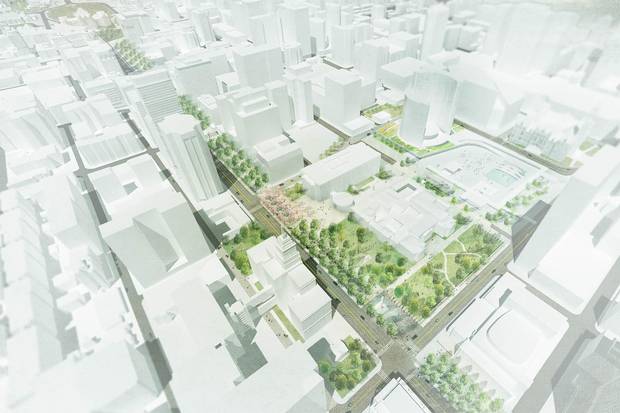 The most exciting proposal in the Great Streets project is for University Avenue, which would see the four car lanes and centre median reshuffled to make space for a linear park.