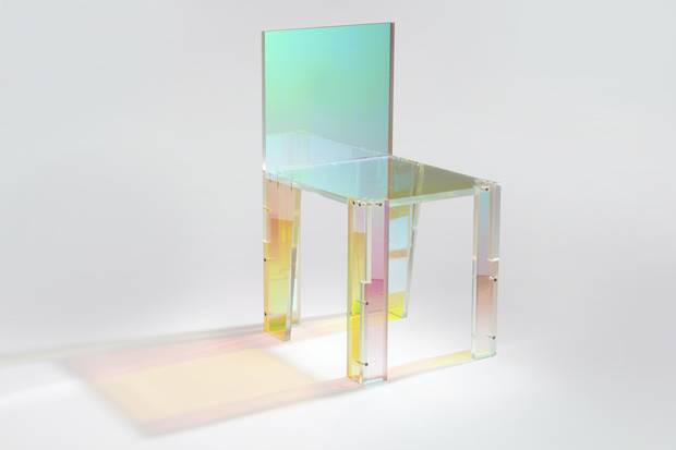The acrylic French Touch chair, above, unveiled last year by Juliette Mutzke-Felippelli of Los Angeles design studio Joogii, embodies disco beats and the French house music she listened to as a student. Iridescent film on the surface of the acrylic reacts with light to produce a disco spectrum. Mutzke-Felippelli says the Daft Punk live album Alive 1997 was the starting point for the entire French Touch collection, which includes other items such as the vases pictured below. 