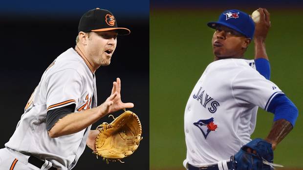 Chris Tillman, left, could get the call to take the mound for the Orioles. The Blue Jays are expected to start Marcus Stroman.
