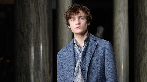 Trussardi’s dashing three-piece suit includes a relaxed-fit jacket in a marled paleblue hue.