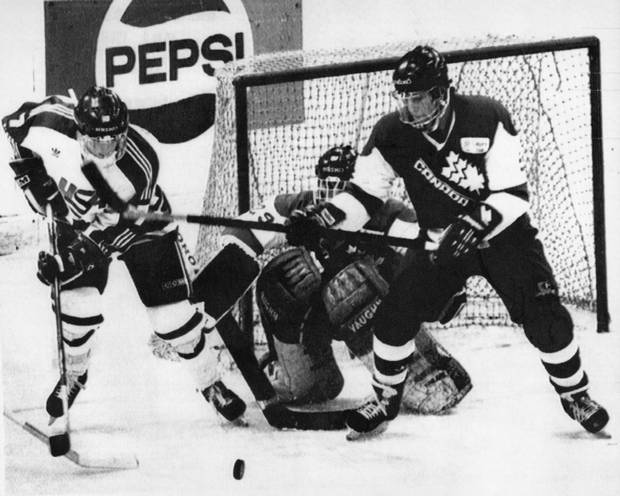 Canadian and American players battle during the 1987 world junior hockey championships in the former Czechoslovakia. A fight broke out at that game, too.