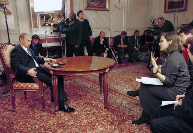 December 2000: Chrystia Freeland (L) The Globe and Mail deputy editor and Geoffrey York (next left) Moscow correspondent during an interview with Russian President Vladimir Putin in his working Kremlin residence