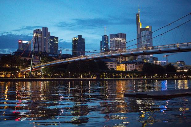 A bridge spans the River Main in Frankfurt, Germany.
