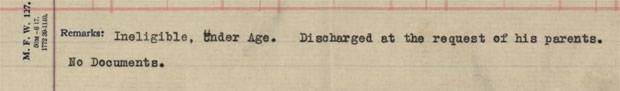 A note in Cecil Gillespie’s military record reads: “Ineligible. Under Age. Discharged at the request of his parents.”