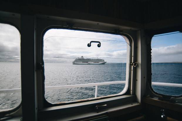 The Crystal Serenity cruise ship, as seen from the bridge of Canada C3.