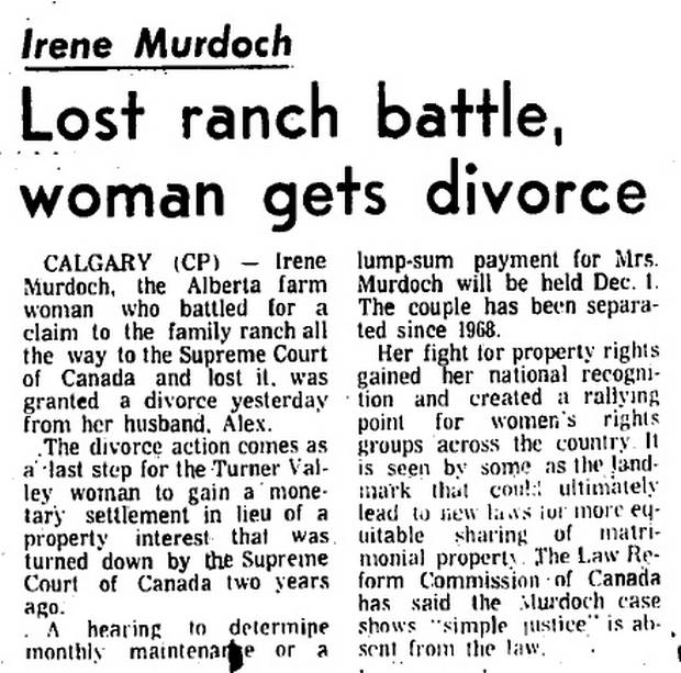 The Irene Murdoch case in The Globe and Mail on October 11, 1975.