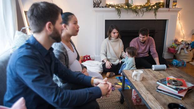 Conor and Veronica Lorimer talk with roommates Matt and Danielle Clarke and their daughter Frances.
