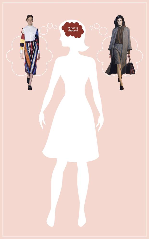 Years of cultural conditioning (rather than whether you think it would look good on you) could be the determining factor in your choice between Tory Burch’s rainbow separates (left) or Creatures of Comfort’s more neutral ensemble (right).