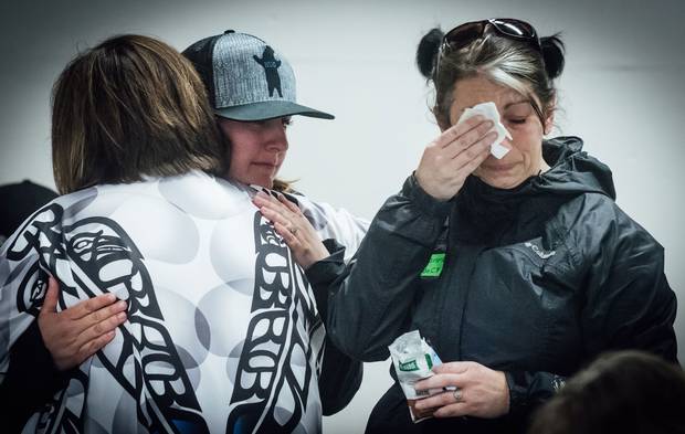 Leona Humchitt, Paula Huddy and Johanne McInnis participate in the Kingston ceremony.