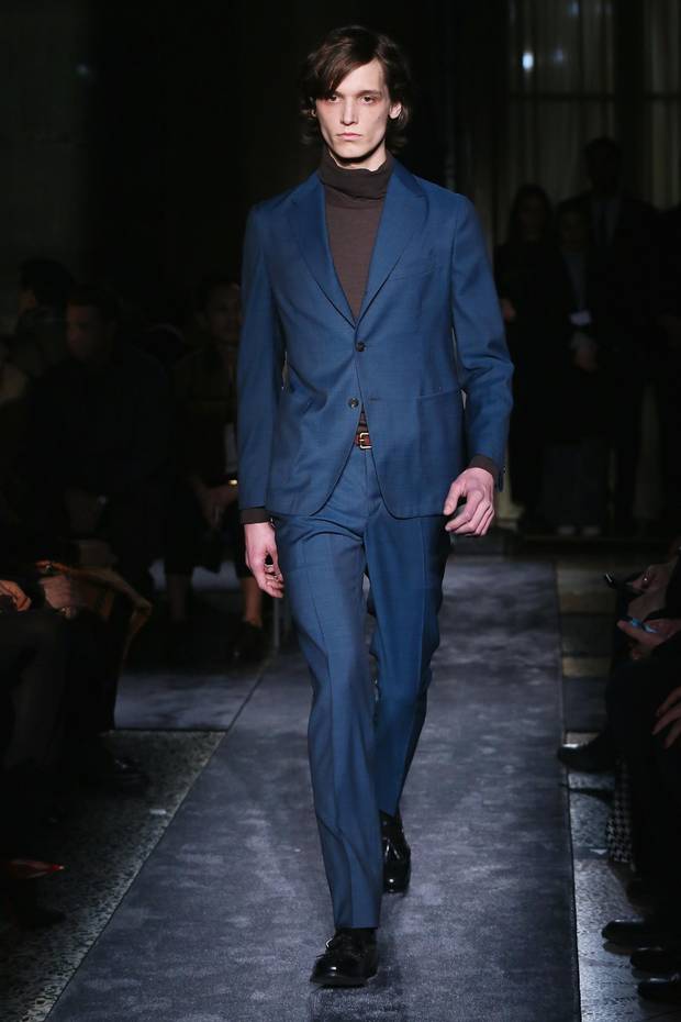 Boglioli: In a calm shade of steel blue, this Boglioli look was dressed down with a brown turtleneck.