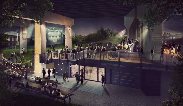 Seating and a wooden stage will be among the few buildings added to the site in its first phase. New hardware clipped onto the “bents” of the highway structure will provide lighting and support for, as in this image, a screen.