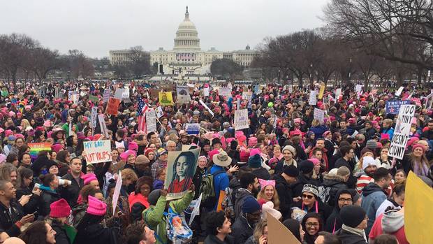 Demonstrators protest on the National Mall in Washington, DC, for the Women's march on January 21, 2017.