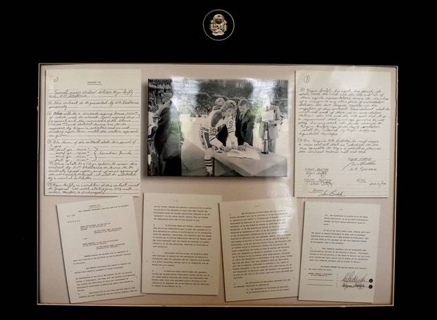 A hand written contract dated June 10, 1978 between a then 17 year old Wayne Gretzky and Pocklington's Edmonton Oilers is framed and on display in Pocklington's Palm Springs, California home June 2017.
