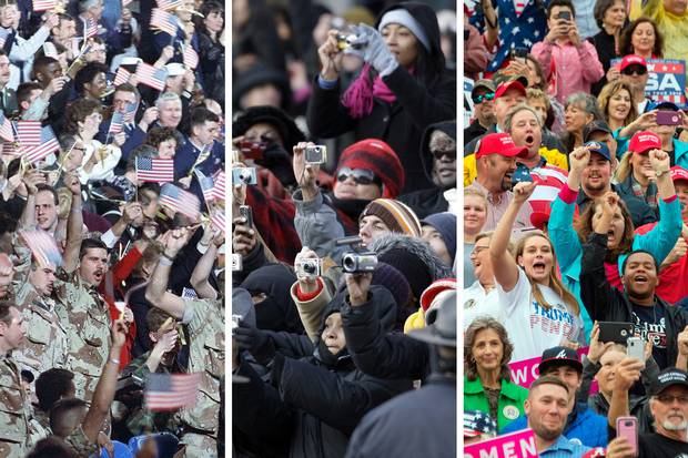 Desert Storm veterans cheer for George H.W. Bush at Andrews Air Force Base in Maryland on April 3, 1991; a crowd takes photos of Barack Obama at his inauguration parade in Washington on Jan. 20, 2009; Trump supporters cheer at a rally in Mobile, Ala., on on Dec. 17, 2016.