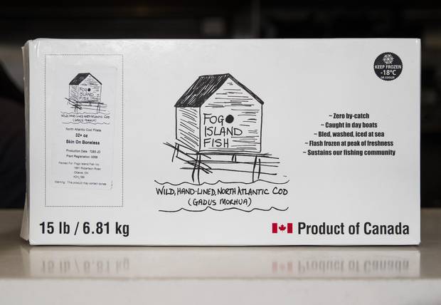 A box of of wild, hand-lined North Atlantic Cod from Fogo Island Fish is posed at the The Chase Fish and Oyster restaurant in Toronto, Friday November 24, 2017.