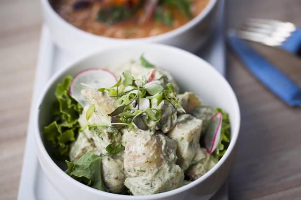 Apple potato salad and heirloom tomato gazpacho daily soup.