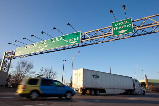 Traffic approaches the Ambassador Bridge border crossing in Windsor, Ont.