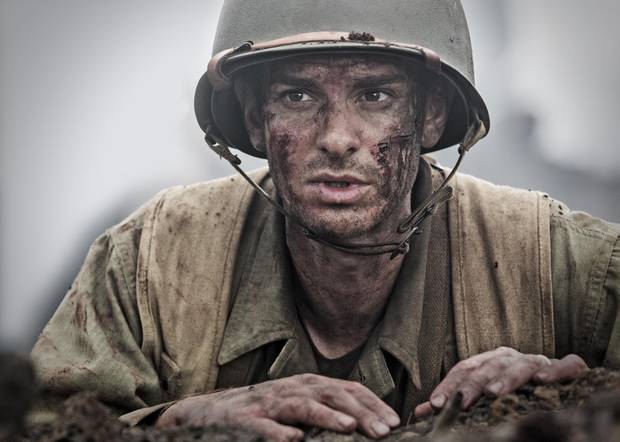 Andrew Garfield in Hacksaw Ridge, a based-on-a-true-story Second World War drama about a a conscientious objector who signs up for the infantry, but refuses to carry a weapon.