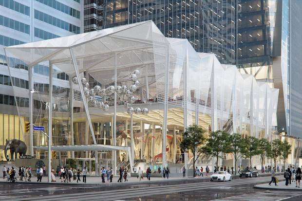 The plan includes demolishing the downtown complex’s two smallest buildings and adding a major new tower and a glass-walled pavilion.