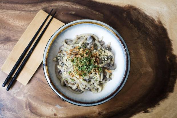 Shroom prepared with wild mushroom, udon, silken tofu cream, cashew parmesan.