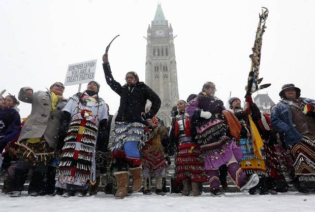 First Nations protesters dance on Parliament Hill on Jan. 28, 2013.