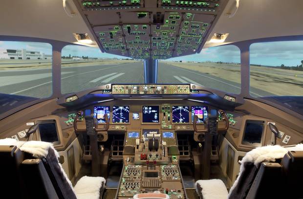 The cockpit of a Boeing 777 flight simulator at uFly in Mississagua, Ont.