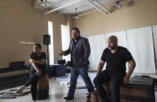 Jeremy Webb, centre, works with actors Lisa Nasson, left, and Troy Adams during a rehearsal for the show Lullaby.