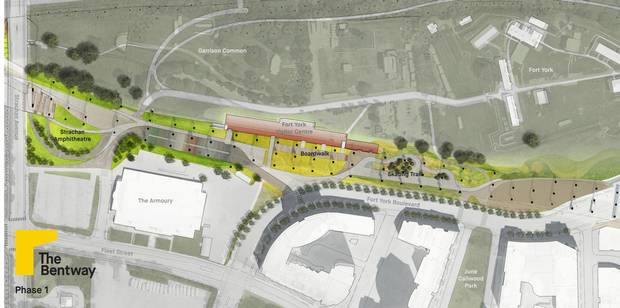 Located on the west side of downtown Toronto, The Bentway's first phase runs alongside the Fort York National Historic Site, cutting through a dense and fast-growing neighbourhood of residential towers.