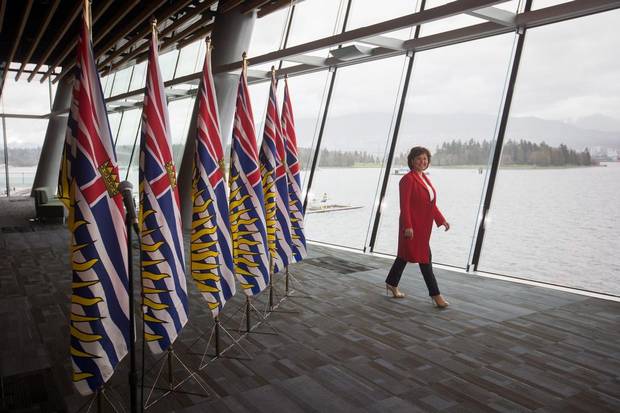British Columbia Premier Christy Clark arrives for a news conference after addressing the Council of Forest Industries convention in Vancouver on April 7, 2017.