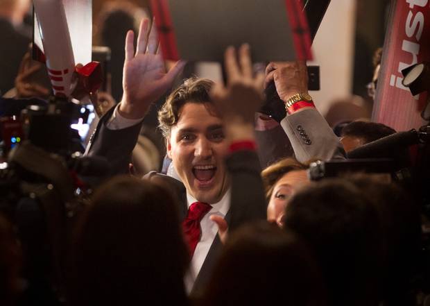 Justin Trudeau arrives inside the Liberal leadership campaign event hall on April 14, 2013.