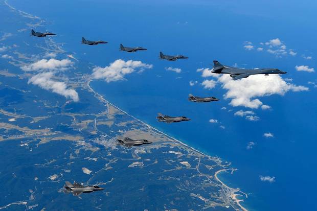 Sept. 18, 2017: U.S. Air Force B-1B Lancer bombers fly with F-35B fighter jets and South Korean Air Force F-15K fighter jets during training in Gangwon-do, South Korea. Last month, the U.S. and South Korea held their largest-ever joint aerial drills amid tensions on the Korean Peninsula. If the Americans wanted to attack North Korea first, its first objective would be to bomb the northern side of the demilitarized zone to disrupt the North’s rockets, artillery and tanks.