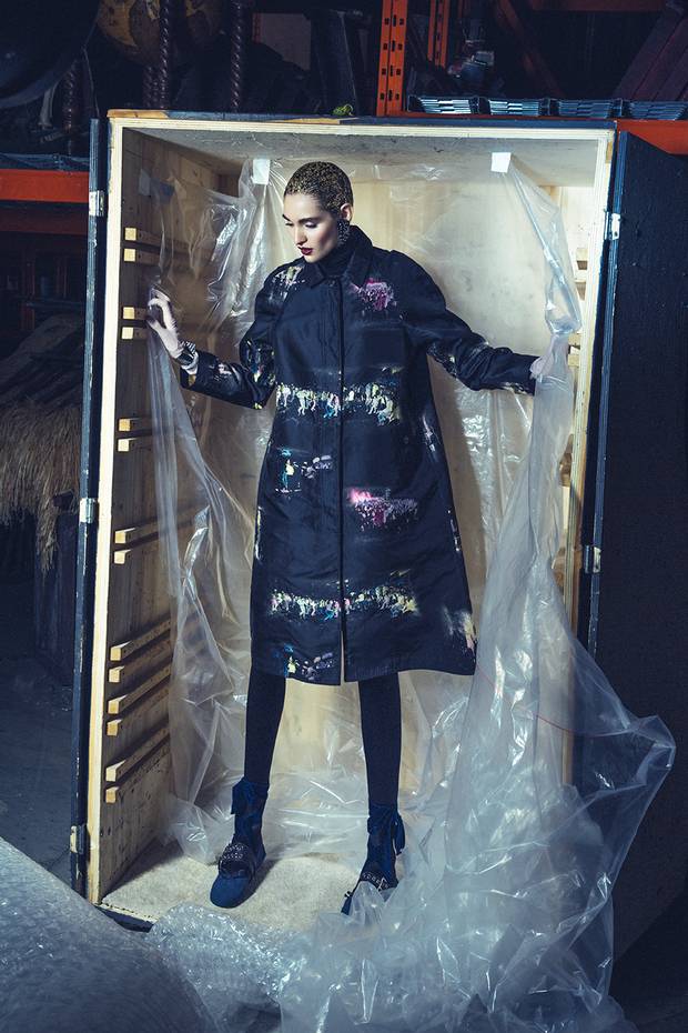 Sies marjan coat, $4,925 at The room at hudson’s bay (www.thebay.com). miu miu shoes, $675 at nordstrom (www.nordstrom.com). vintage cuff and earrings, price on request through www.caroletanenbaum.com. gloves, $14 at gadabout vintage. Worn throughout: tights, $85, body suit, $280 at Wolford (www.wolford.com).