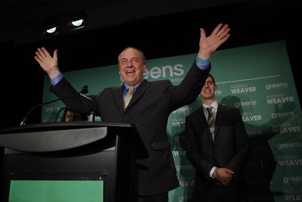 Andrew Weaver speaks to supporters at his party headquarters on election night in Victoria.