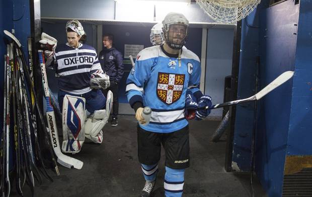 Members of Oxford men's Blues hockey team and Cambridge mens Blues exit their dressing rooms before their game on March 3, 2018.
