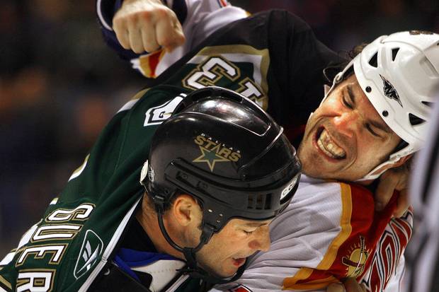 Dec. 7, 2005: Steve Montador, right, then of the Florida Panthers, fights with Bill Guerin of the Dallas Stars.