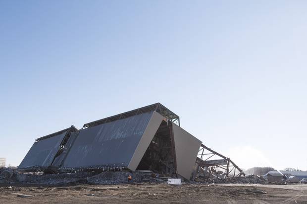 The west-side grandstand at Taylor Field is down as deconstruction of the stadium continues in Regina, Friday, October 27, 2017.