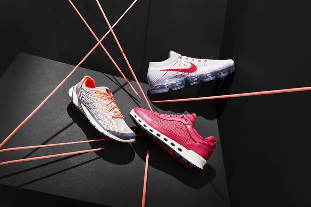TAILORED SWIFT: Give your run club something to talk about by donning a pair of souped-up running shoes: Merrell has equipped its Bare Access with durable Vibram soles, while Nike’s new Air VaporMax production boasts custom-made machinery that tests each sole with the equivalent of running 400 miles. For those taking the slower track, Ecco’s Cool 2.0 GTX sneakers feature Gore-Tex® Surround™for optimal breathability for everyday wear. Clockwise from top: Nike Air VaporMax running shoe, $255 at Nike (www.nike.com). Cool 2.0 GTX Textile running shoe, $250 at Ecco (www.eccocanada.com). Merrell Bare Access Arc 4 running shoe, $130 at Gravity Pope. 