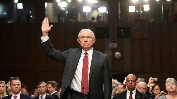 Attorney General Jeff Sessions is sworn in before testifying in front of the Senate intelligence committee on Capitol Hill in Washington on June 13, 2017.