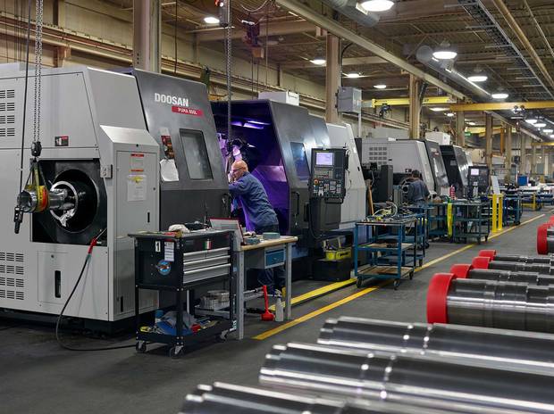 Pasquale Abbruzzese, who has worked for Triumph for 35 years, is setting an end fitting so the computer-run machine knows exactly where to cut. Triumph still employs 23 people who worked on earlier nuclear projects, and they’re training 30 new hires to help with the refurbishment.