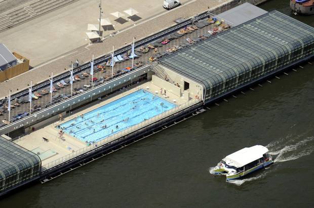 An aerial picture taken aboard an helicopter on July 20, 2010 shows the Josephine Baker swimming-pool along the Seine River in Bercy in Paris.