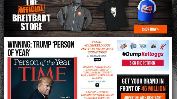 The Breitbart website landing page shows the boycott against Kellog's after the cereal company pulled their advertisements.