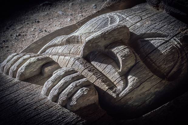 A totem pole at the Haida Heritage Centre at Kay Llnagaay.